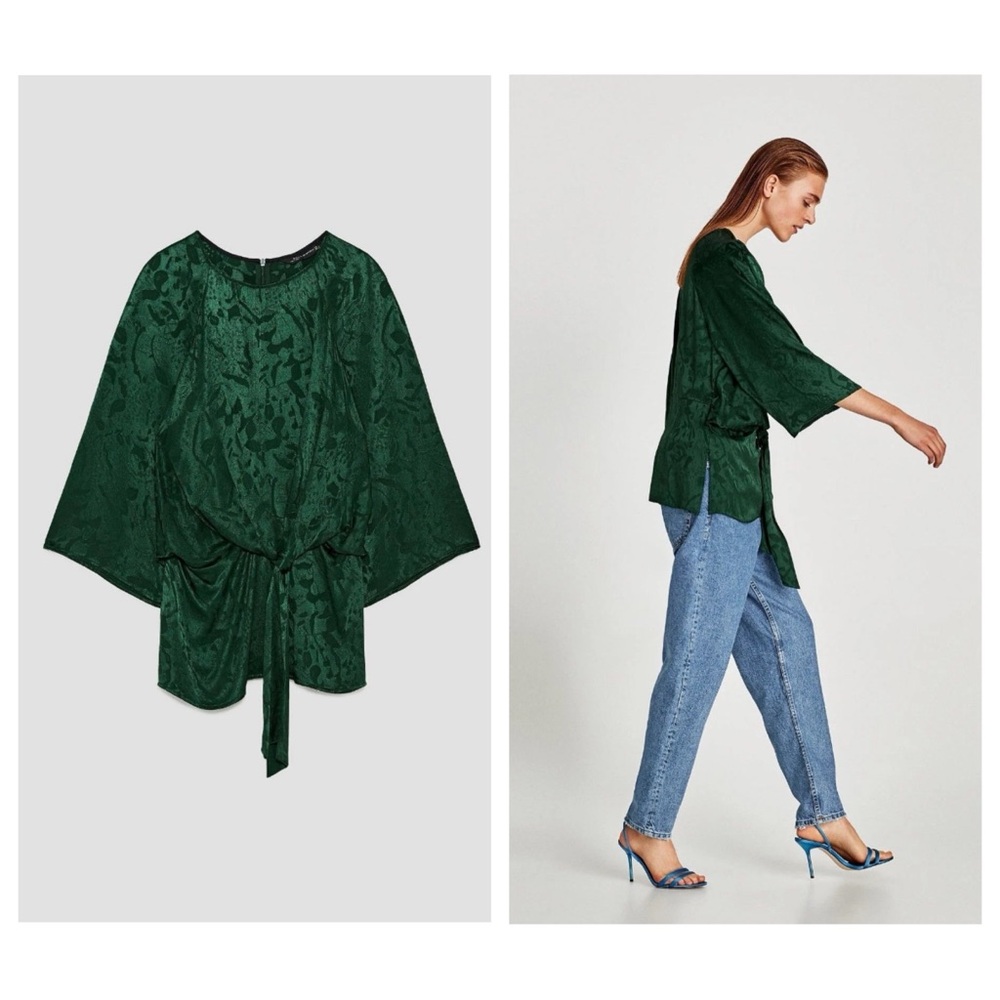 Zara green satin jaquard knotted blouse tie front top holiday party NYE large